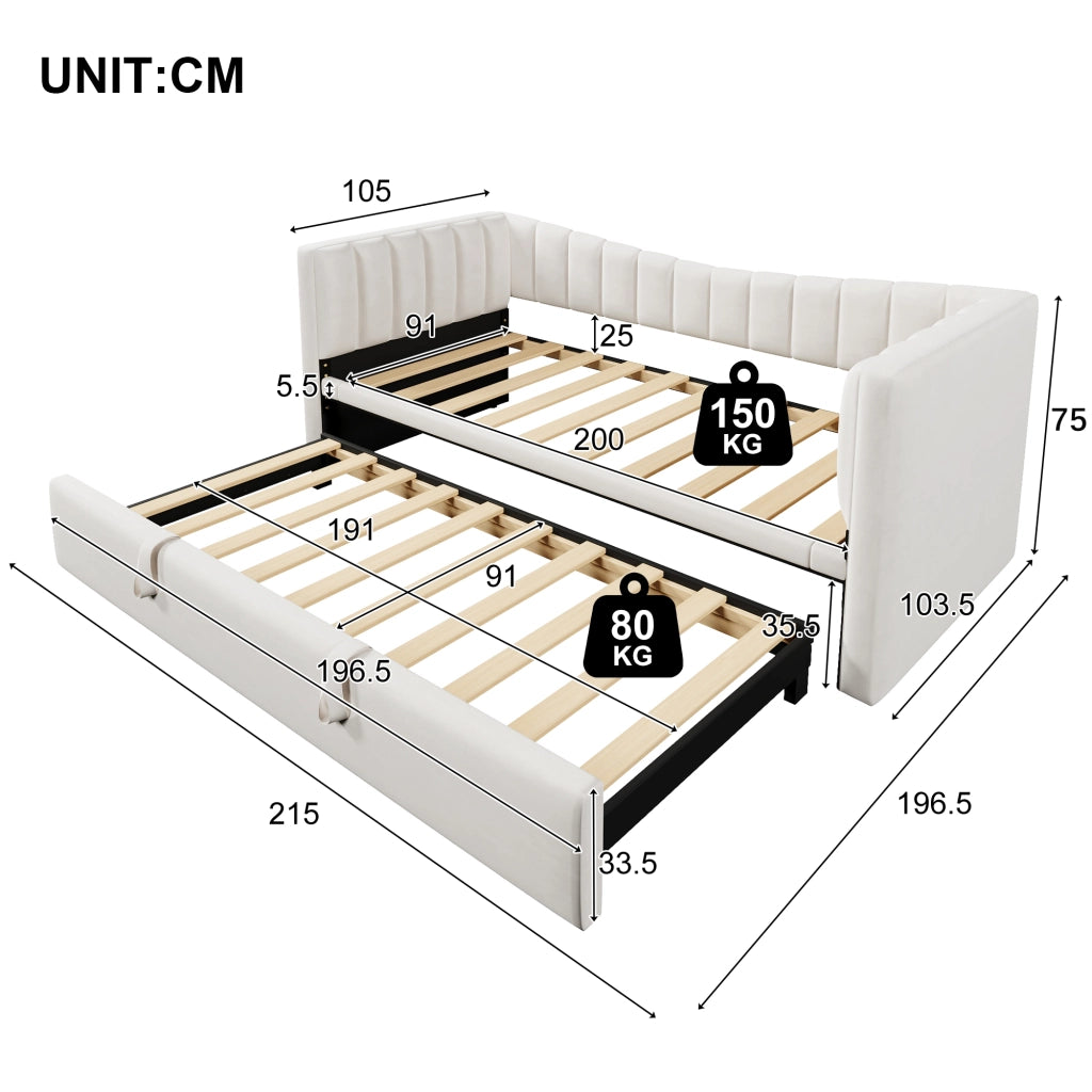 Letto divano 90 × 200 cm 1 posto con letto estraibile; senza materasso; in velluto e MDF; bianco