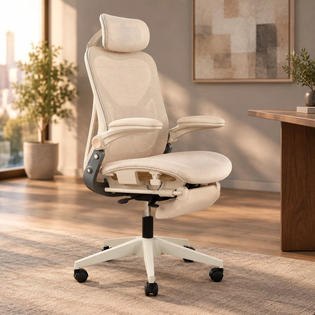 Sedia ufficio pieghevole ergonomica con supporto lombare regolabile, schienale e braccioli richiudibili, poggiatesta 3D in tessuto a rete, crema