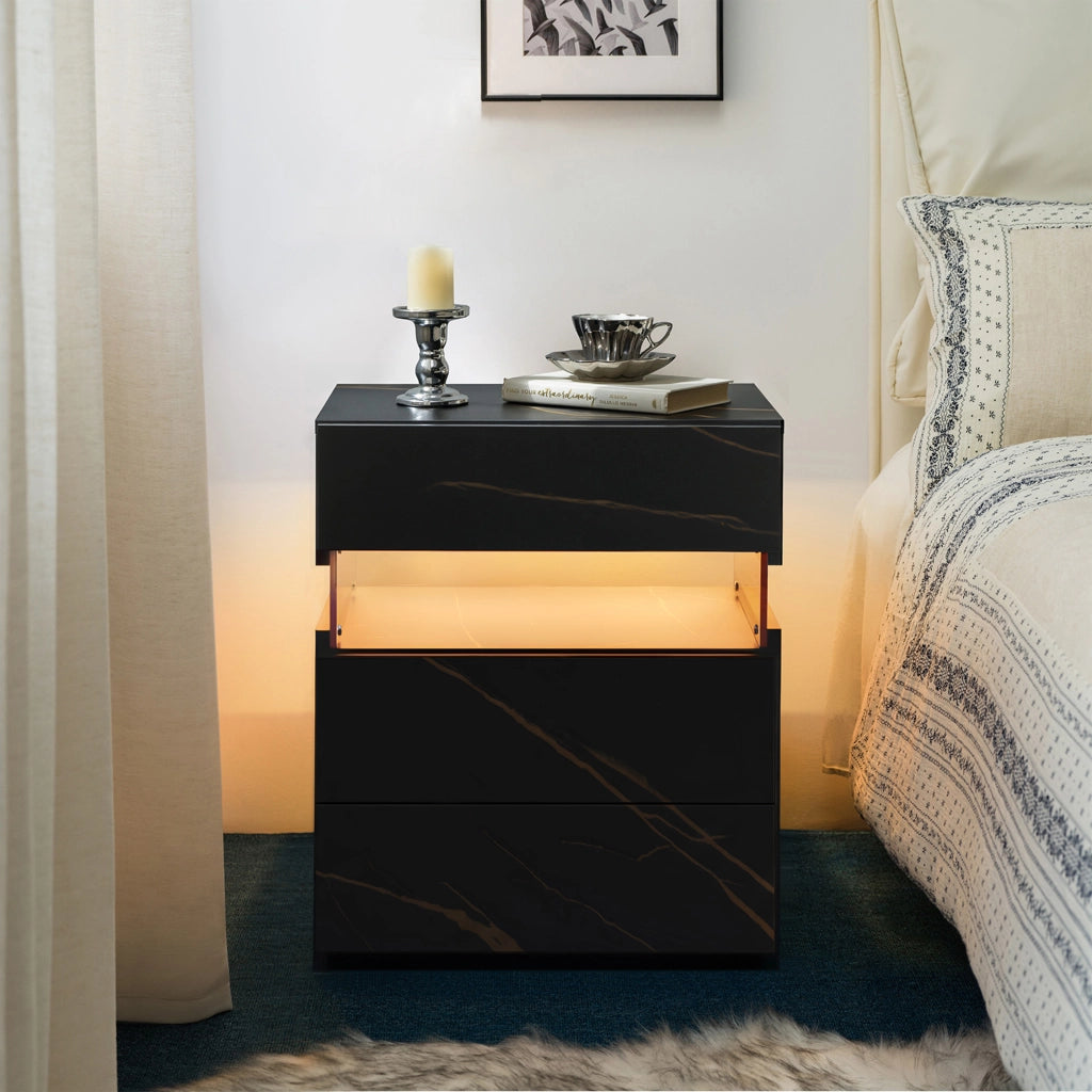 COMODINO con LED e 3 cassetti Nero e oro