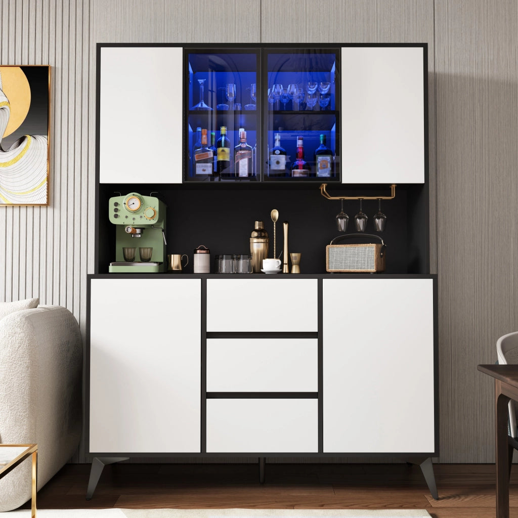 Credenza alta con vetrina LED regolabile tramite app; 6 ante; 3 cassetti; MDF nero e bianco 120 × 40 × 160 cm