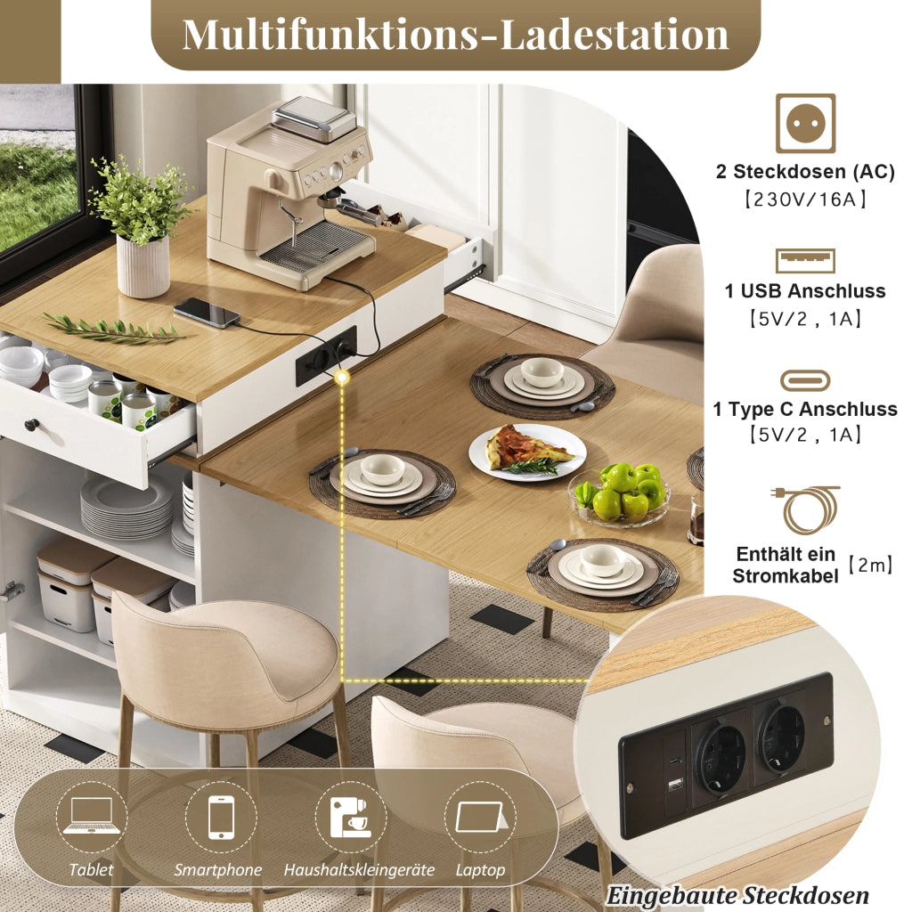 Tavolo allungabile con mobile contenitore e prese integrate MDF bianco e naturale 80 × 71~111~151 × 92 cm