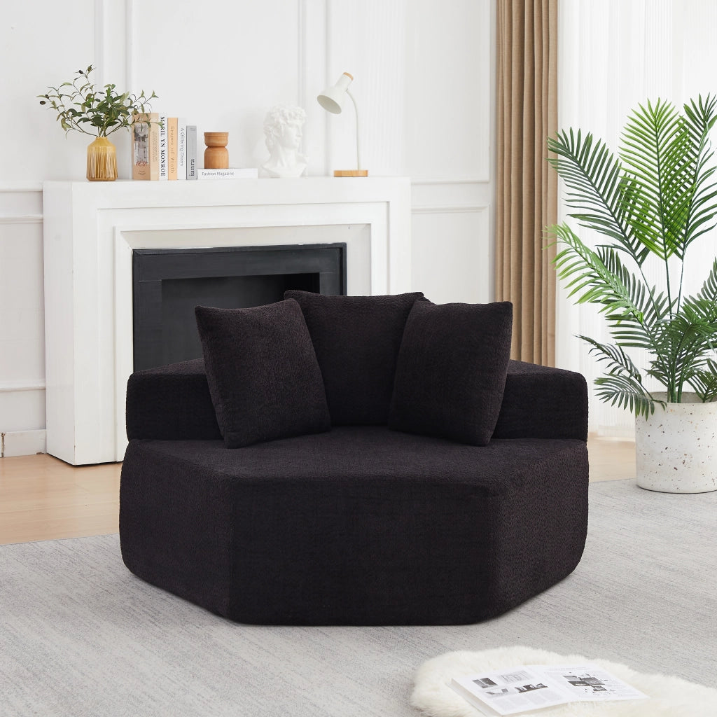 Poltrona pouf modulare esagonale con tre cuscini e seduta lounge, in ciniglia con imbottitura in schiuma nera
