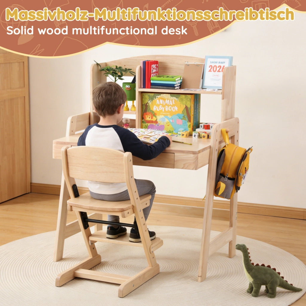 Scrivania lineare per bambini con altezza regolabile cassetto vano portaoggetti e gancio in legno naturale 60 × 88,2 × 118 cm
