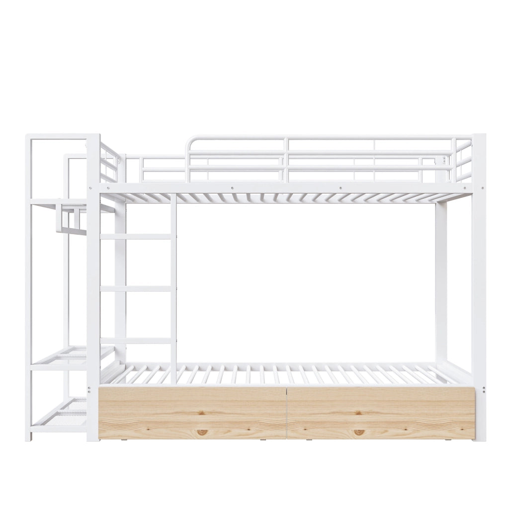 Letto a castello in ferro 90x200 cm con 2 cassetti, ripiani, luci LED e appendiabiti, bianco
