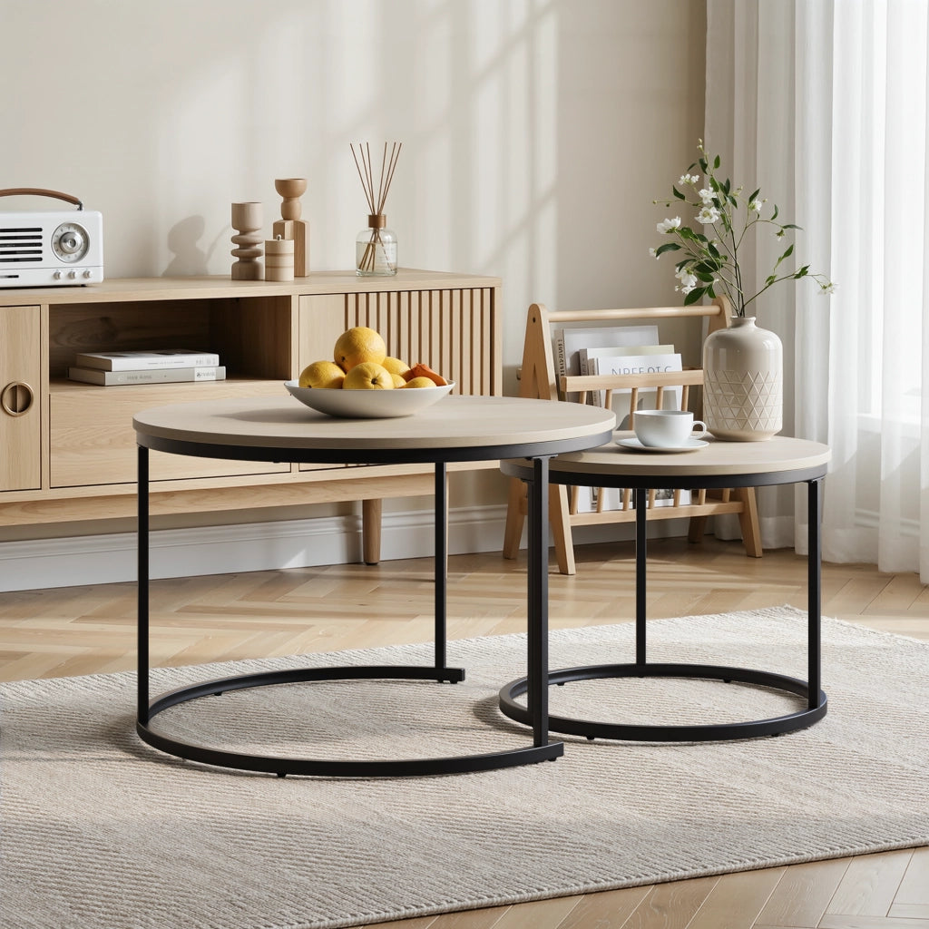 Tavolini bassi a incastro rotondi in truciolare color rovere con gambe in metallo 70 × 70 × 45 cm