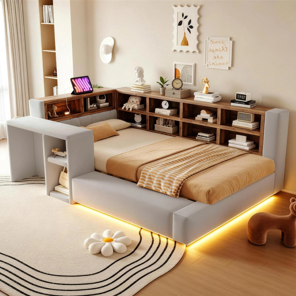 Letto Imbottito 90x200 cm con Testiera Imbottita e Vani Portaoggetti, Grigio Chiaro