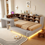 Letto Imbottito 90x200 cm con Testiera Imbottita e Vani Portaoggetti, Grigio Chiaro