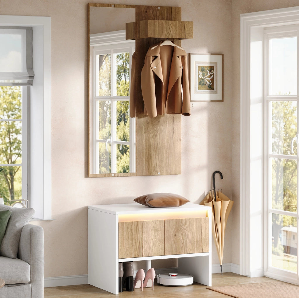 Set guardaroba con appendiabiti, specchio, panca porta scarpe e 2 cassetti, bianco e naturale, 60×38×145 cm