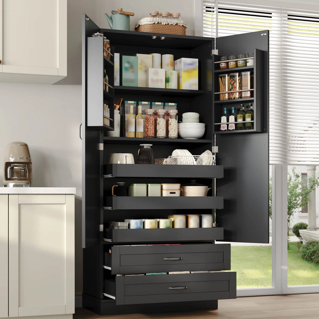 Mobile colonna da cucina con 3 ripiani estraibili; 2 cassetti e ripiano regolabile in MDF nero 80 × 37.5 × 180 cm