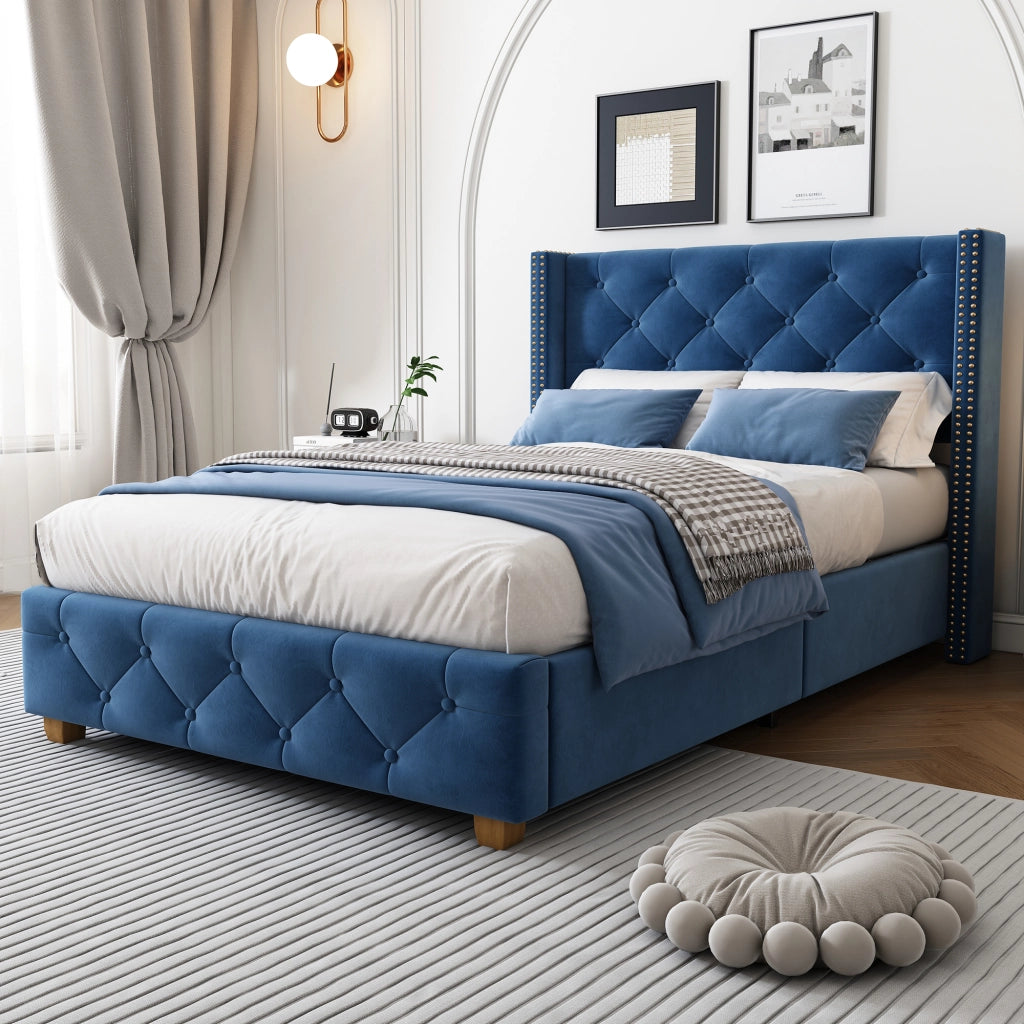 Letto per bambini imbottito 90x200 cm con rete a doghe; testiera capitonné e velluto blu