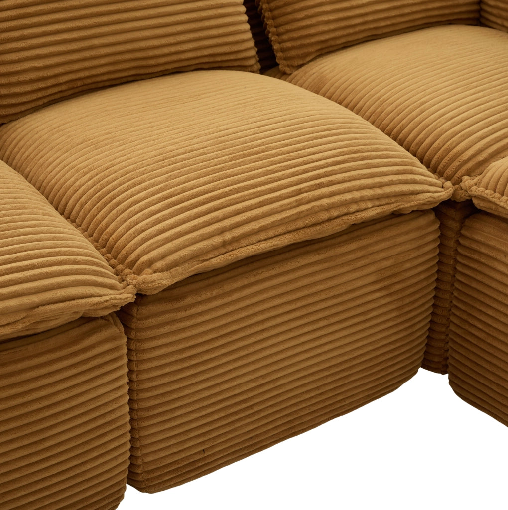 Divano modulare 4 posti con 2 pouf, tessuto in velluto arancione, cuscini, portabicchieri e tasche laterali