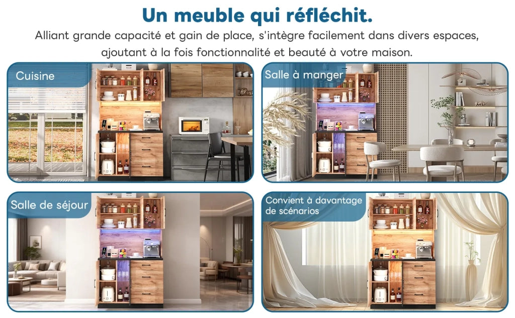Armadio alto da cucina moderno 105x40x180 cm, nero e effetto legno, con illuminazione LED, ripiani regolabili e presa europea. Per cucina, sala da pranzo, soggiorno