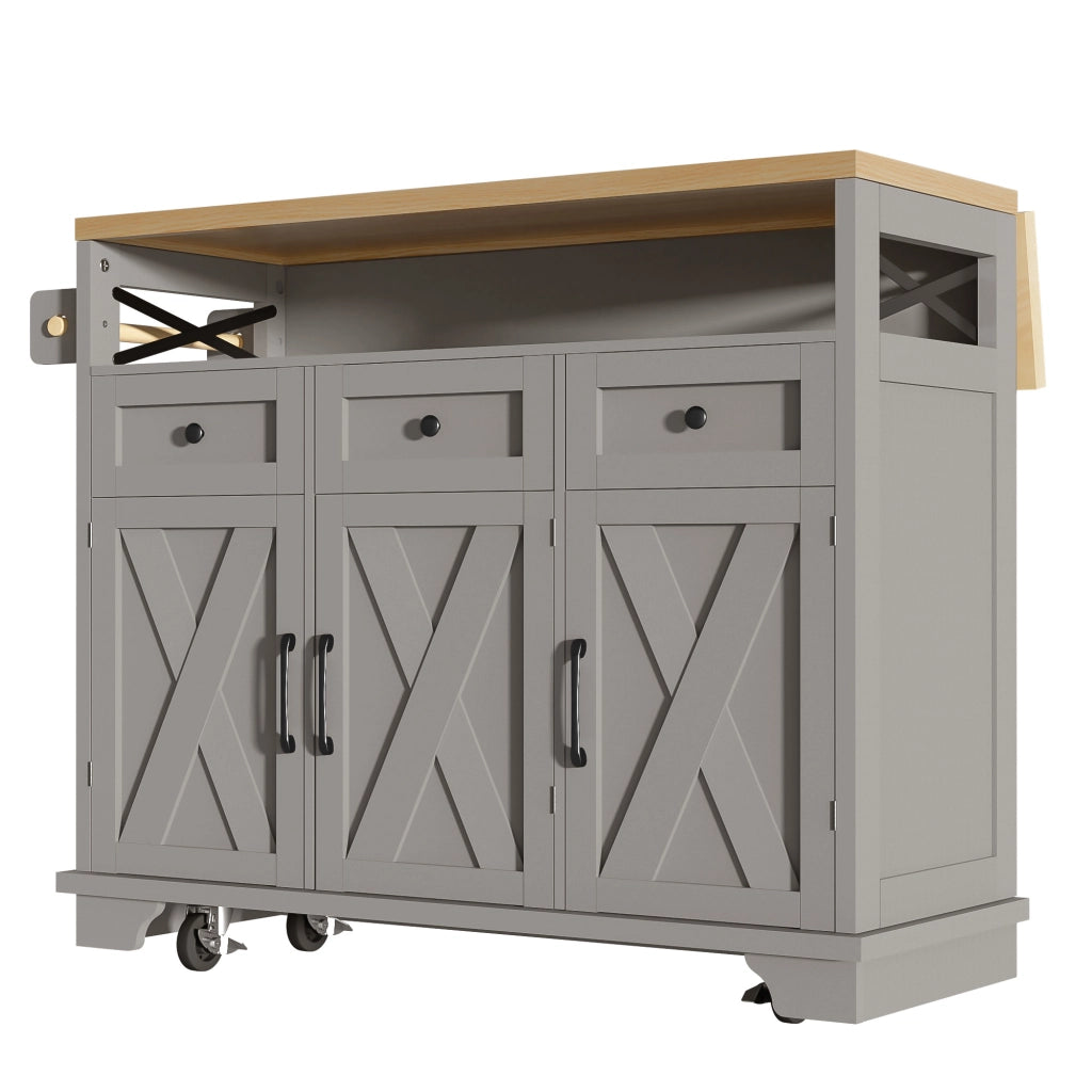 Isola cucina con piano richiudibile 118x43-80x98 cm, carrello multiuso grigio con 3 cassetti e rotelle