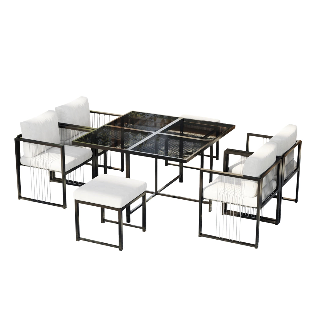 Set da pranzo da esterno 7 pezzi con tavolo quadrato in vetro temperato e 4 poltrone con 2 poggiapiedi nero e bianco