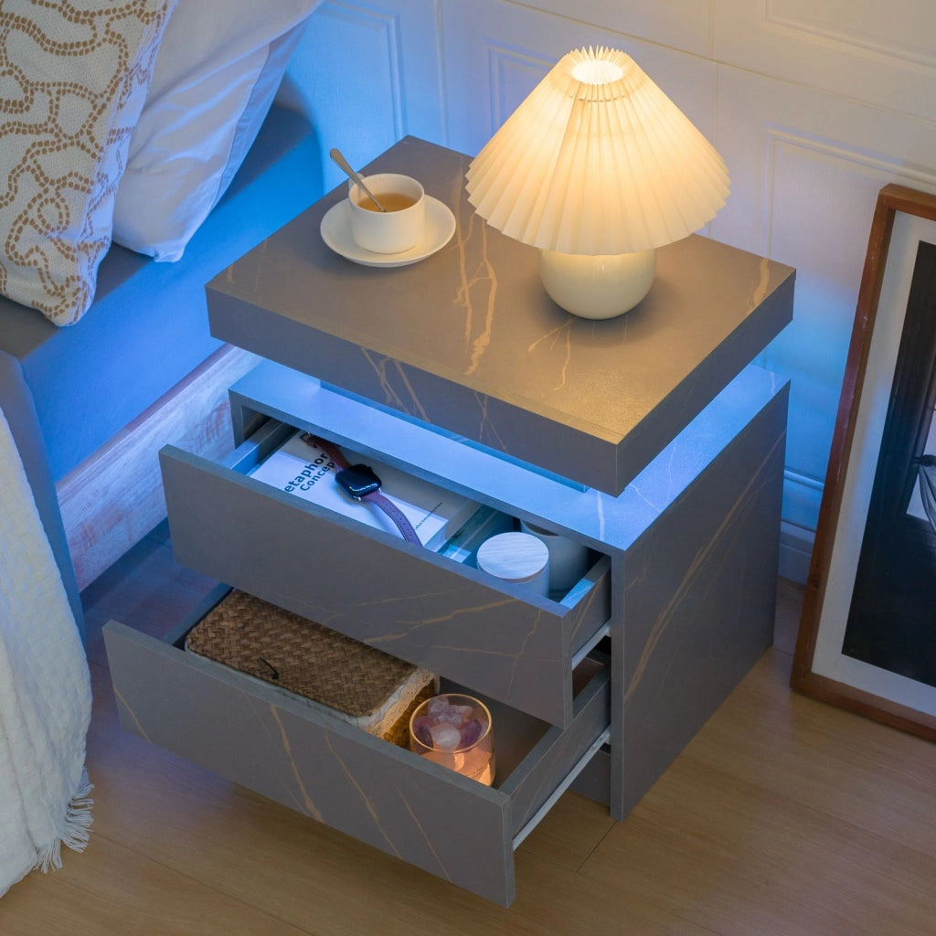 Comodini con LED set di 2 con 2 cassetti e vano aperto in pannello di particelle grigio e oro