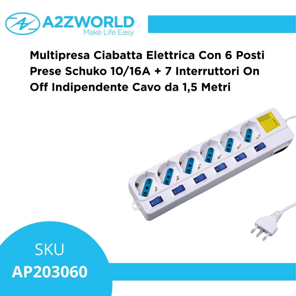 Multipresa Ciabatta Elettrica Con 6 Posti Prese Schuko 10/16A + 7 Interruttori On Off Indipendente Cavo Da 1,5 Metri