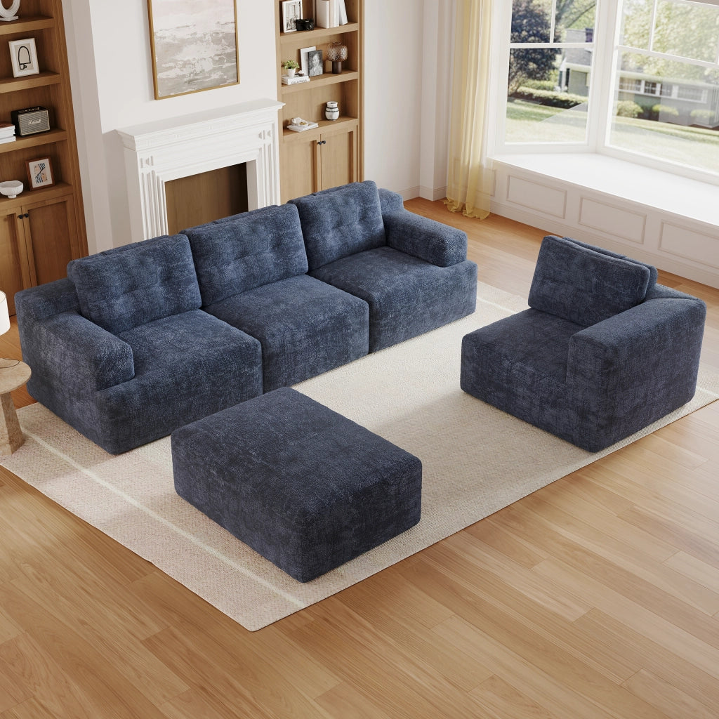 Divano modulare 5 posti con pouf e schienale alto in chenille blu 252 × 180 × 82 cm