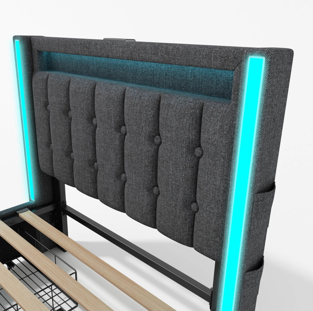 Letto singolo 90x200 cm con USB, Type-C, LED e 2 cassetti