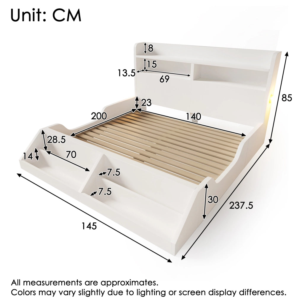 Letto in legno bianco 140x200 cm con contenitori, luci notturne e scaffale libreria removibile