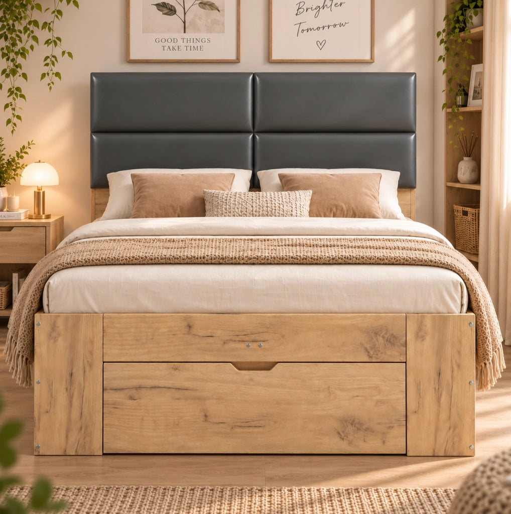 Letto ULEVR 140x200 cm con cassetti, vani estraibili, luce notturna LED, USB e USB-C, naturale