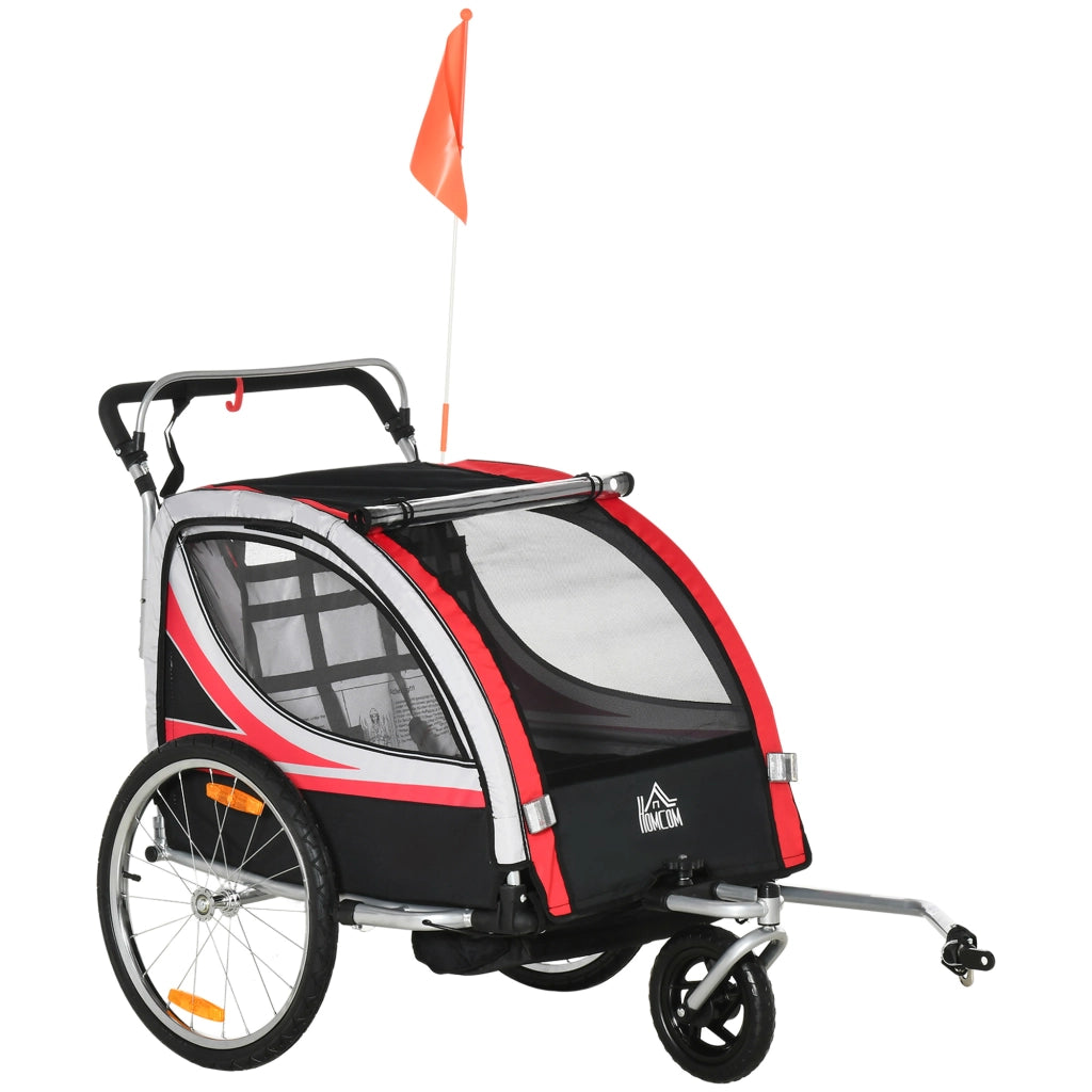 EasyComfort Rimorchio Bici per Bambini e Passeggino, Design 2 in 1 con Freno, Cintura a 5 Punti, Carrello Rimorchio per Bicicletta con Tasche Laterali, Catarifrangenti e Bandierina, Rosso