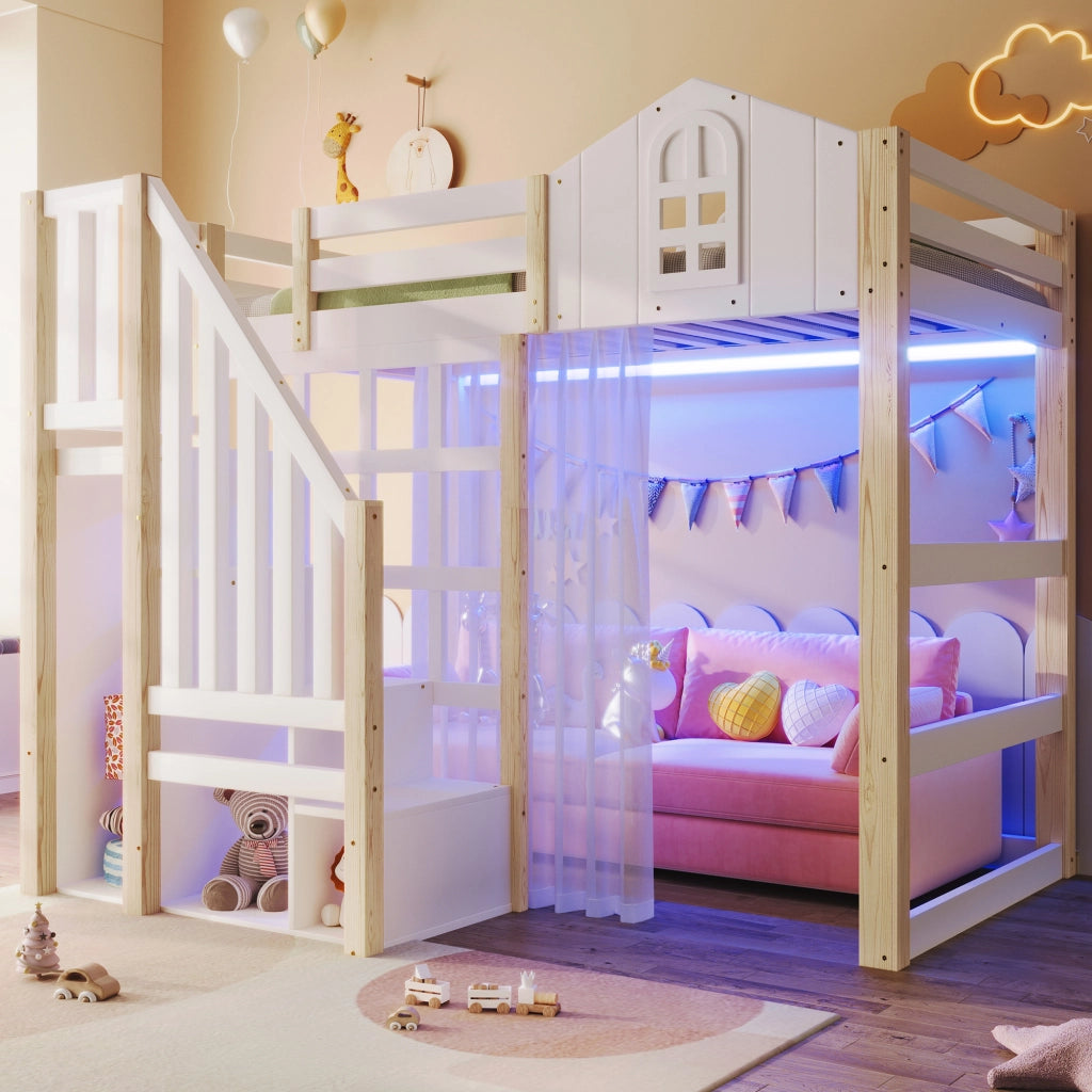 Letto a soppalco per bambini 90x200 cm con LED; finestra; scala contenitore e vano aperto; bianco e naturale