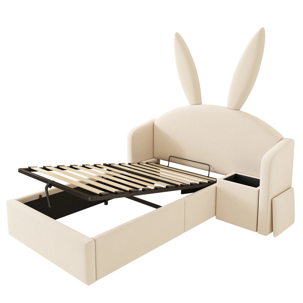 Letto per bambini 90 × 190 cm con contenitore idraulico e comodino; senza materasso; in velluto beige