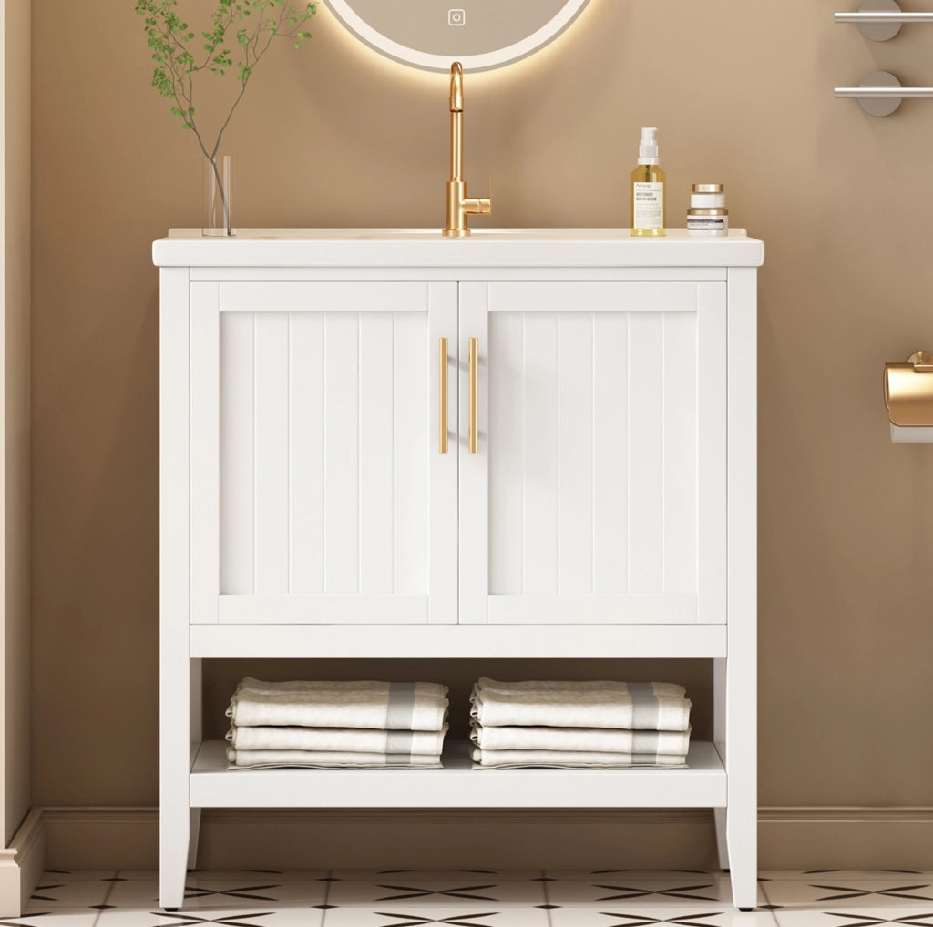 Mobile bagno sospeso con lavabo in ceramica e base bianca