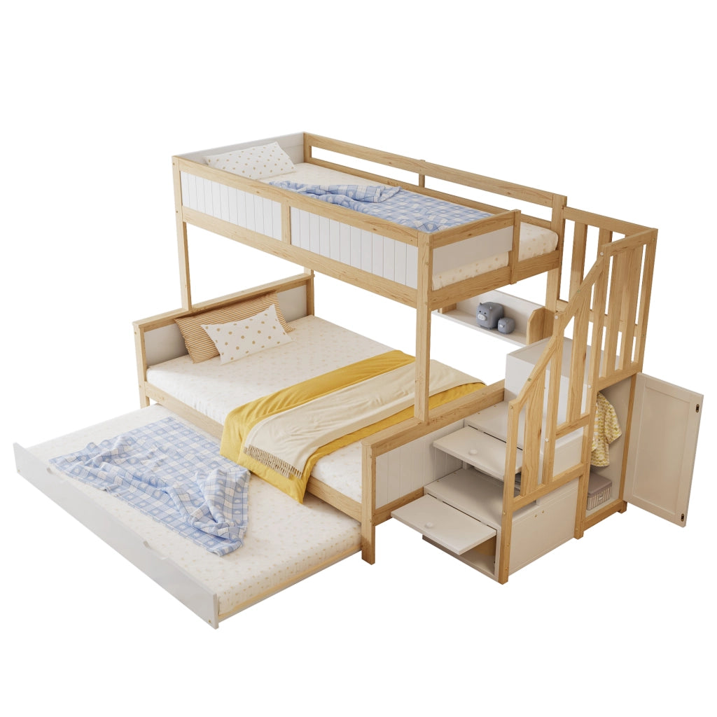 Letto a castello per bambini a tre posti in pino e MDF; con scala contenitore; armadio laterale; bianco e legno naturale