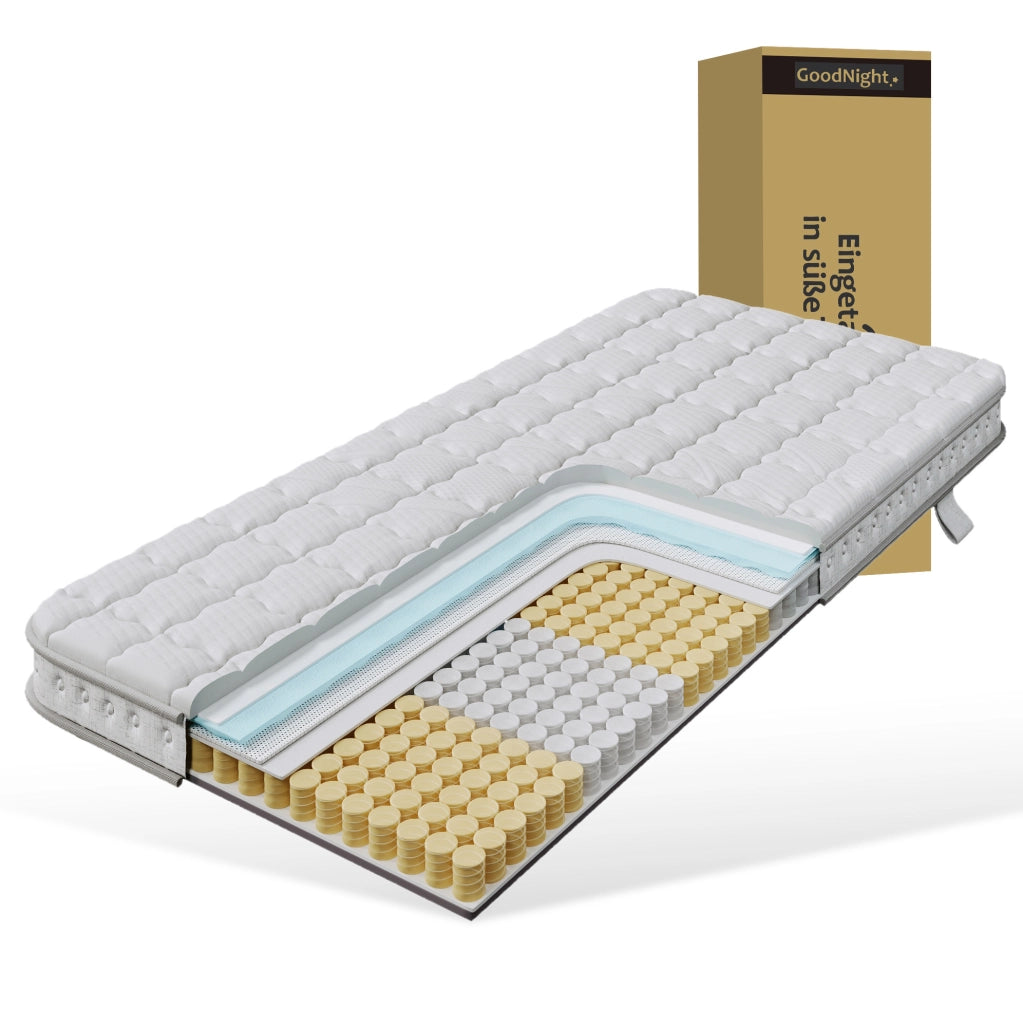 Materasso 90x200 cm H3 a 7 zone con molle insacchettate e schiuma fredda, in poliestere bianco
