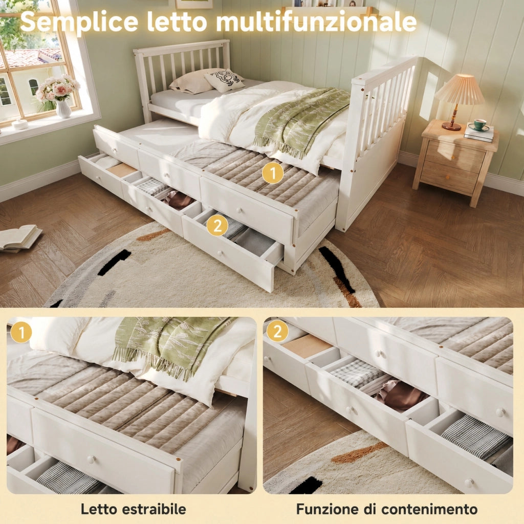 Letto singolo 90x200 con letto estraibile; ripiani LED dimmerabile e USB; pino e MDF bianco