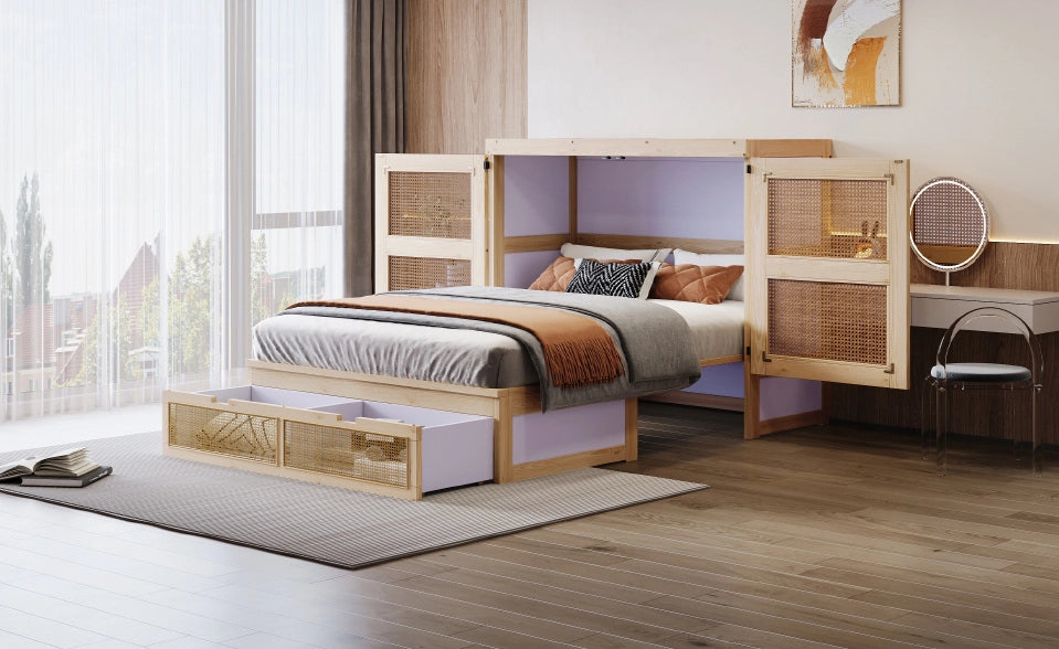 Letto a scomparsa 140x200 cm con struttura in legno color legno e cassetti contenitori, design con rattan, letto singolo salvaspazio