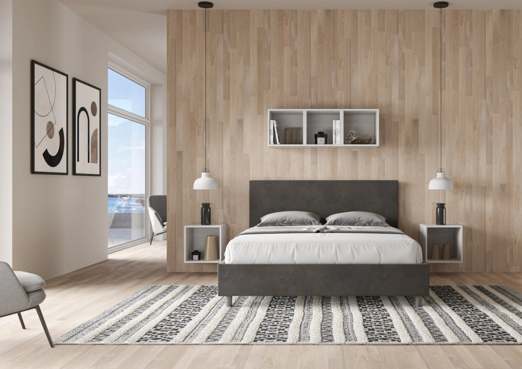 BS COM Letto matrimoniale francese contenitore imbottito 140x200 microfibra grigio