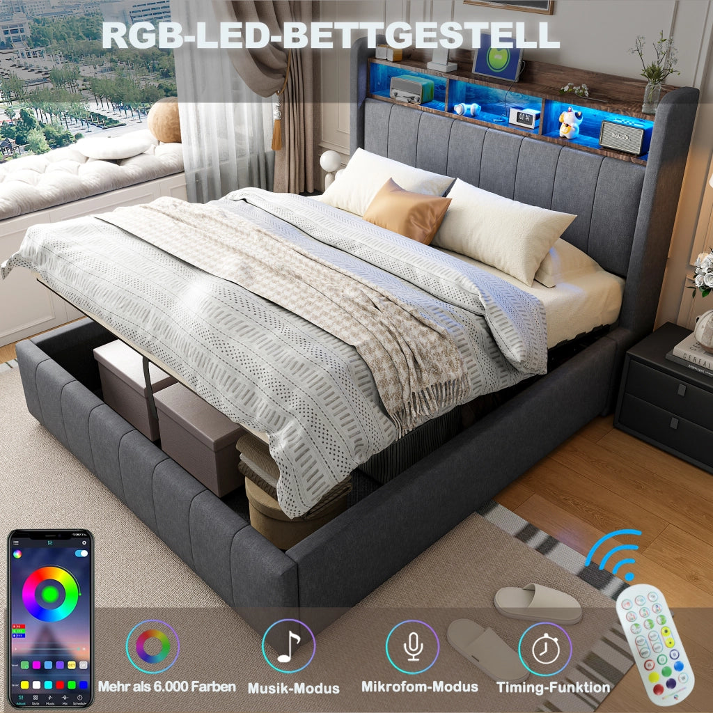 Letto con contenitore 180 × 200 cm imbottito con LED; USB e USB-C; testiera con ripiani in lino grigio