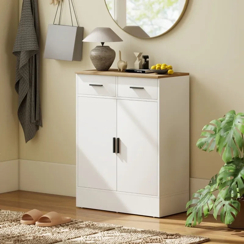Sideboard in legno naturale bianco con 2 cassetti e ripiano regolabile, mobile contenitore per cucina, soggiorno e ingresso