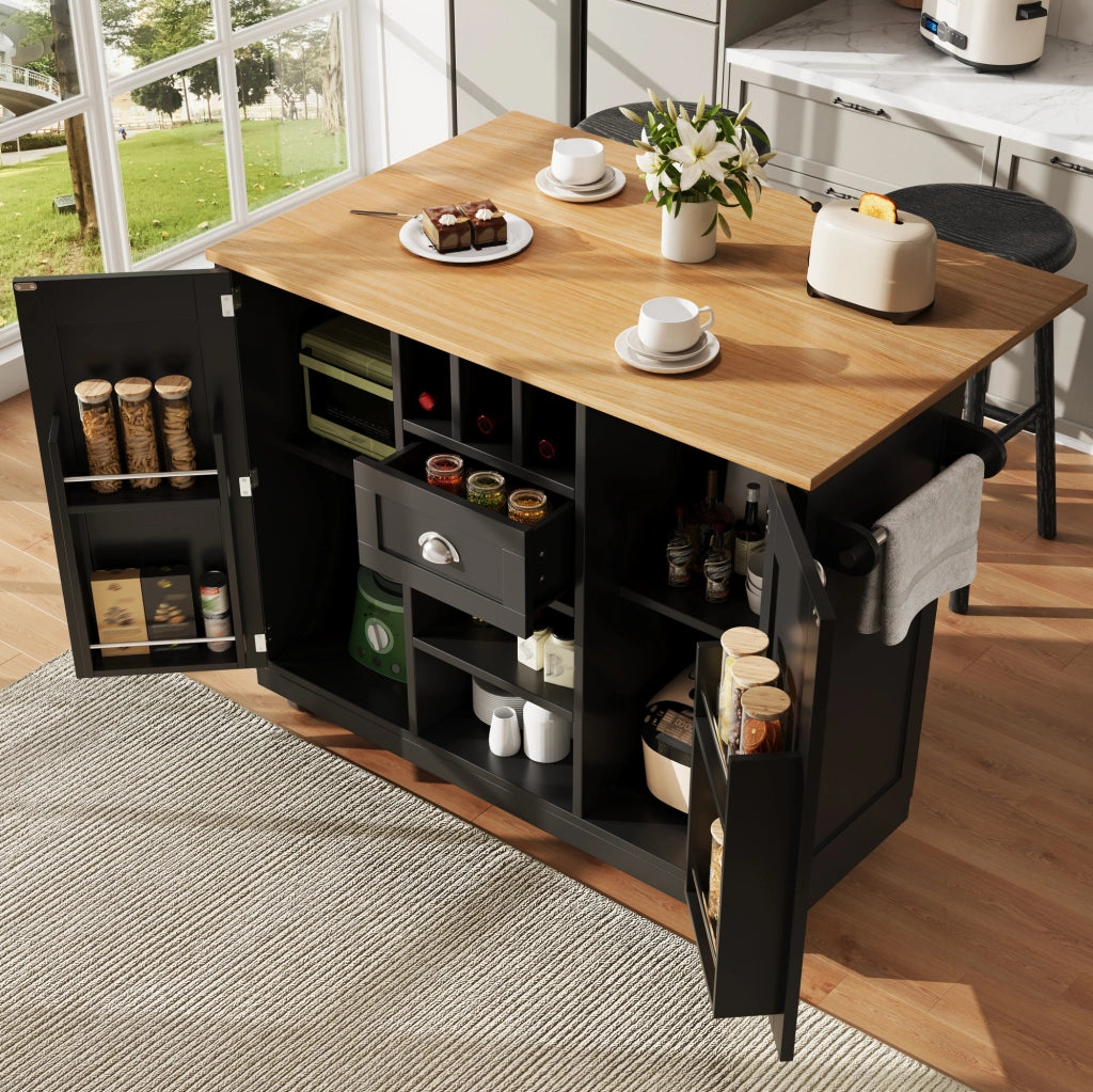 Isola cucina 140x40x93,5 cm in MDF nero con piano ribaltabile e ruote