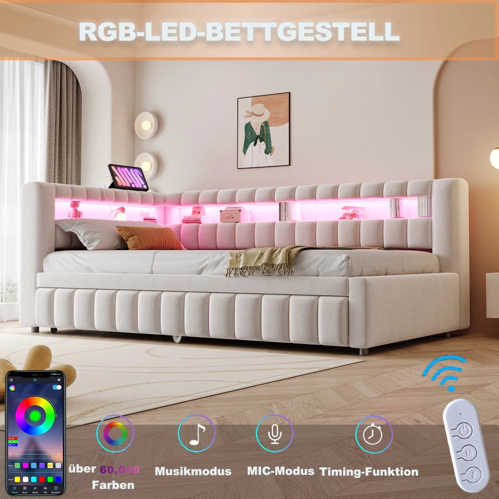 Letto singolo estraibile imbottito 90 × 200 cm con LED USB e tipo C in velluto beige con ripiani e schienale a righe