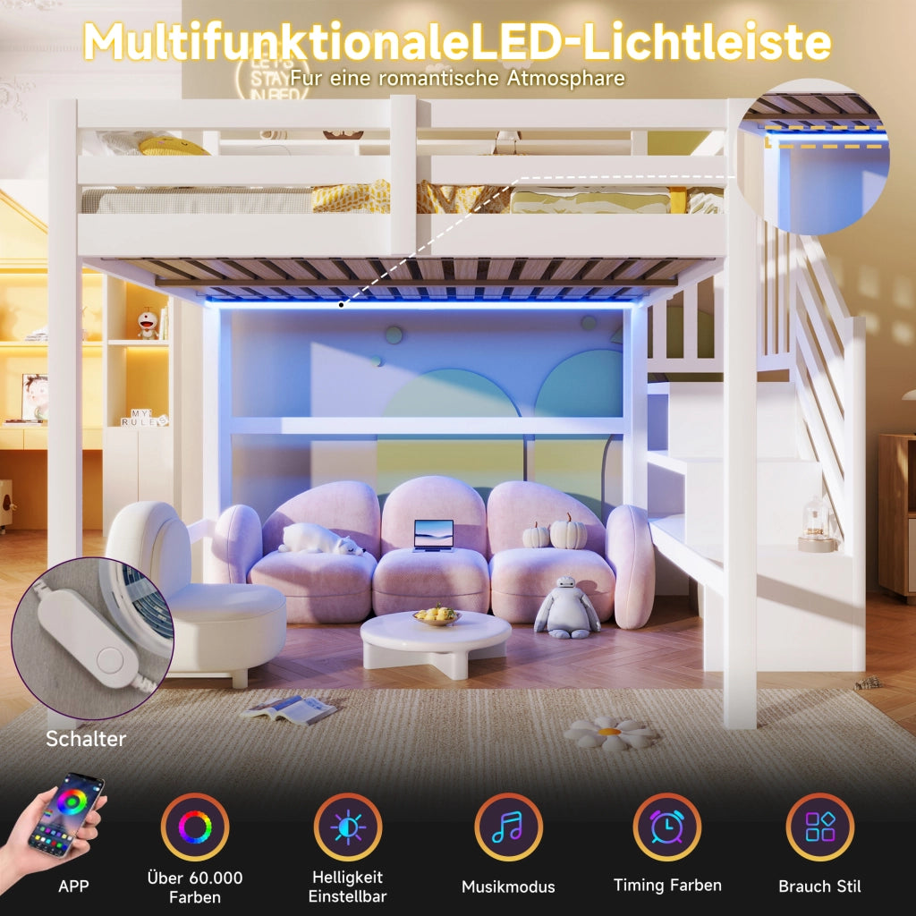 Letto a soppalco 140x200 cm con LED; scala contenitore e struttura bianca