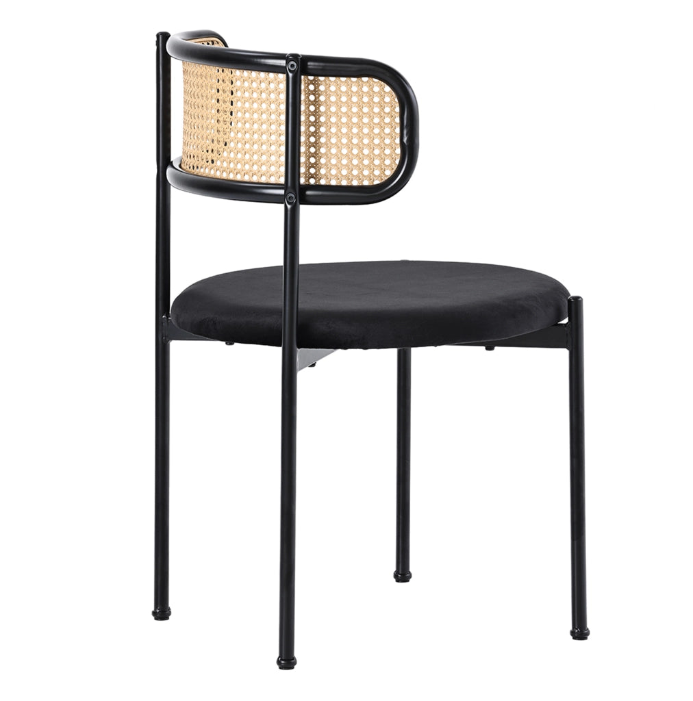 Set di 4 sedie da pranzo in velluto nero con schienale in rattan e gambe in metallo