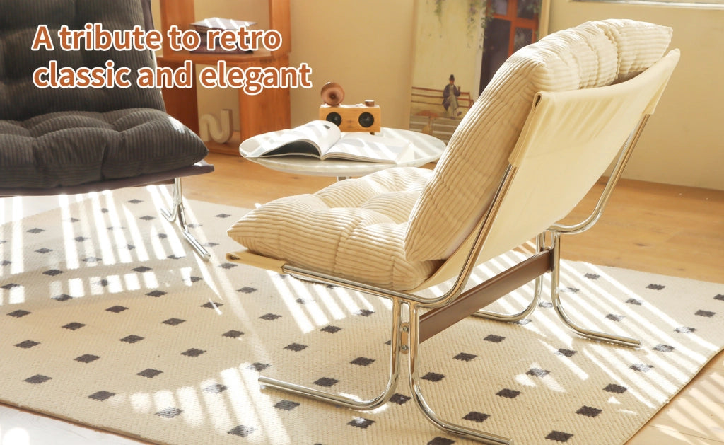 Sedia d'accento crema in velluto a coste con rivestimento removibile e gambe in metallo, stile Barcelona, 72x84x85 cm