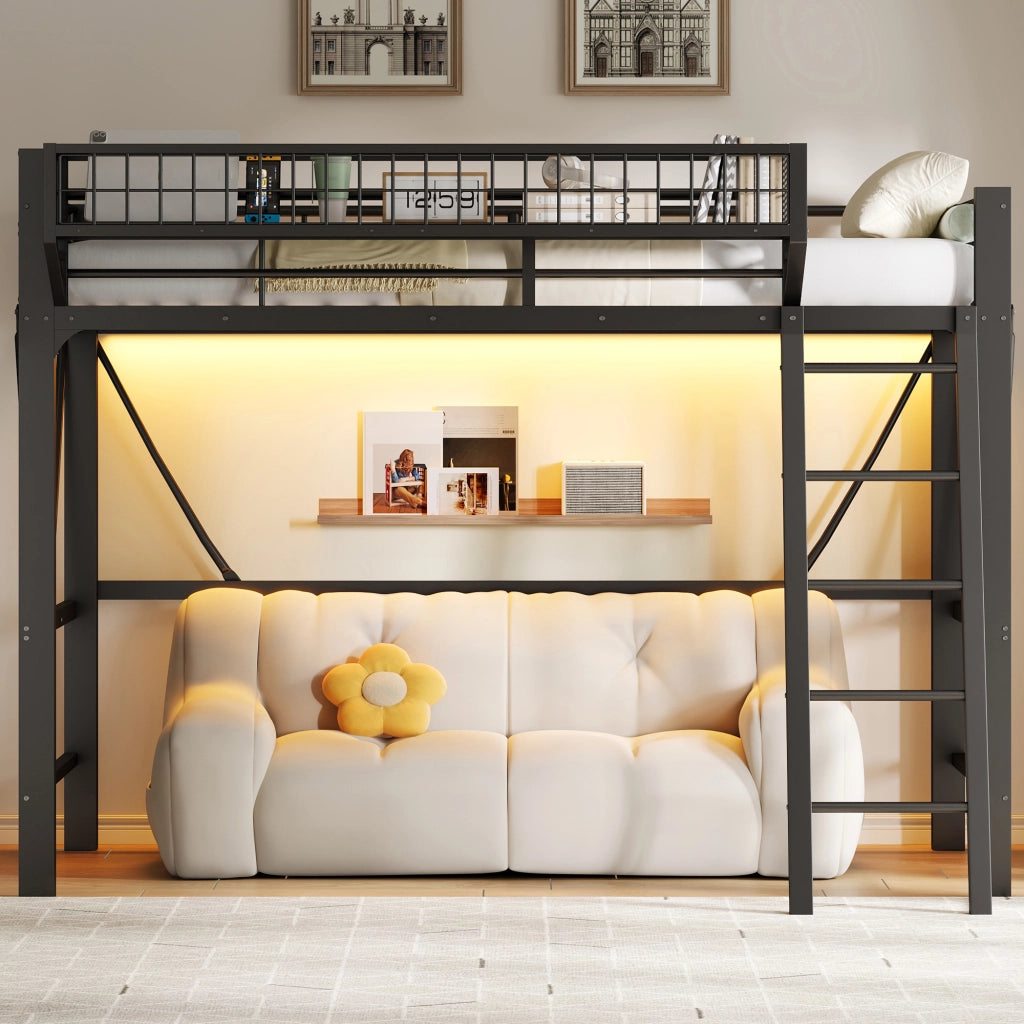 Letto a soppalco 90 × 200 cm 1 posto con LED a 7 colori, cestino laterale e barriere, senza materasso, nero