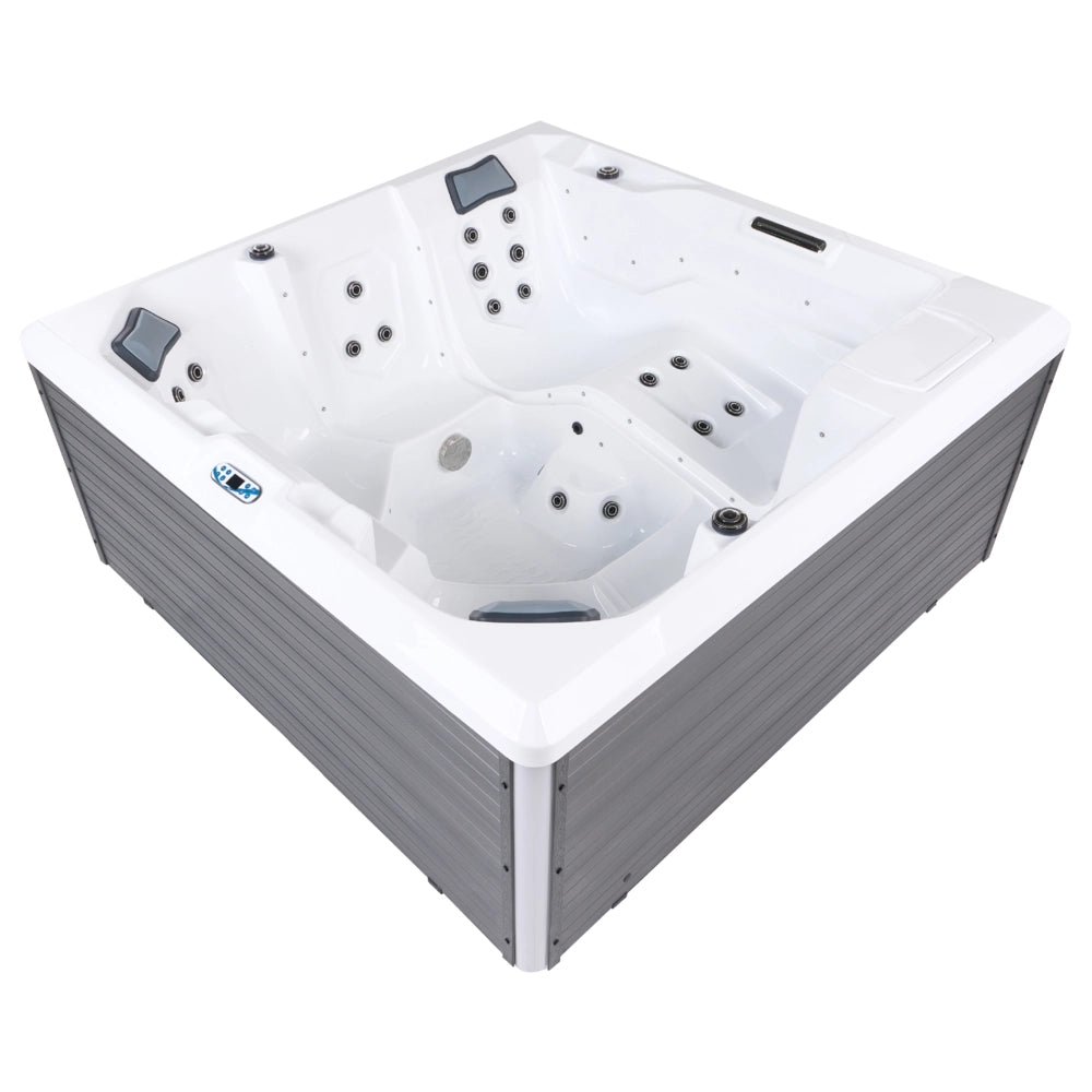 Vasca idromassaggio in acrilico bianco 210 x 210 cm, 34 getti, pannelli esterni grigi, luci LED, da giardino, da terrazza, SPA da esterno