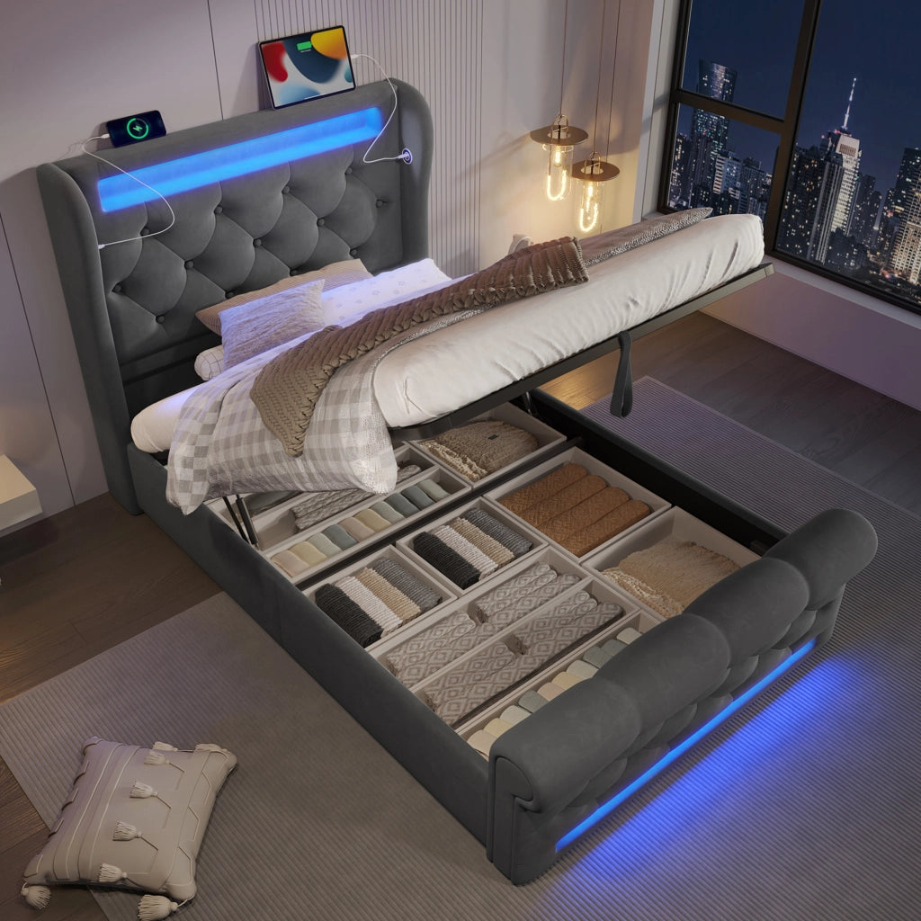 Letto singolo con contenitore 90 × 200 cm con LED USB e Type-C rivestito in velluto grigio con materasso