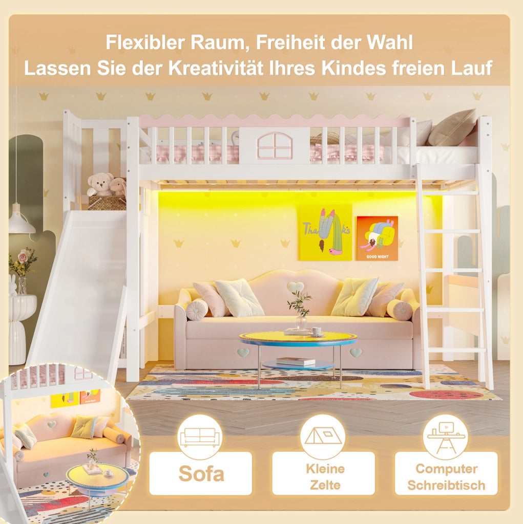 Letto a soppalco per bambini 90 x 200 cm con scivolo, LED e ripiani