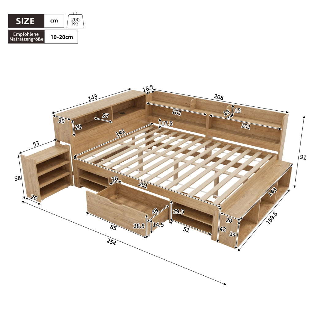 Letto 140x200 cm naturale con comodino; cassetti; scaffali e armadietti