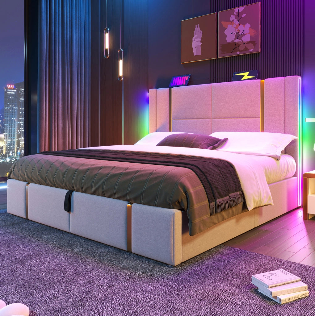 Letto imbottito 140x200 con USB, Type-C, LED RGB e contenitore
