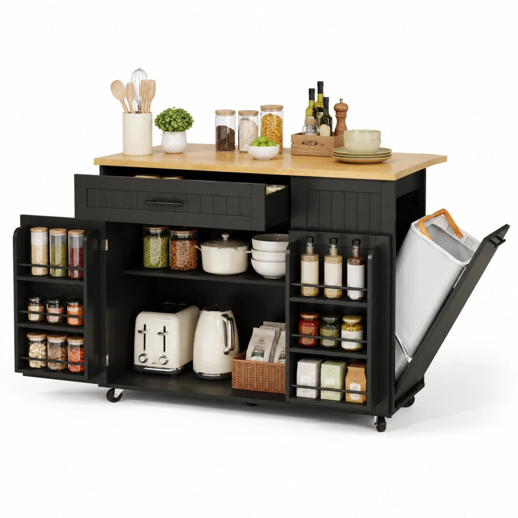 Isola da cucina mobile 130x70x93 cm con piano ribaltabile in MDF nero