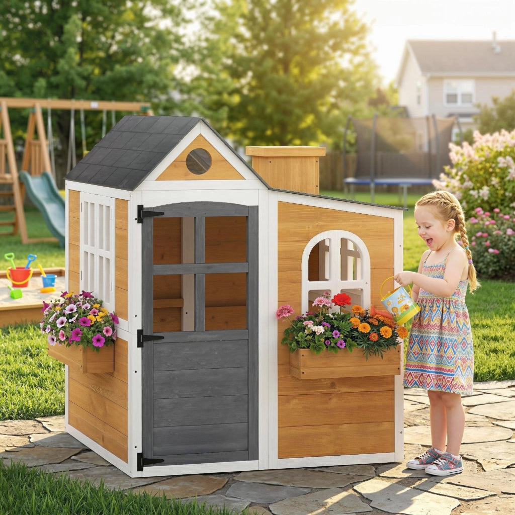 Casetta per bambini in legno da giardino con porta, finestre e 3 fioriere, casetta da gioco per esterno e interno, giallo