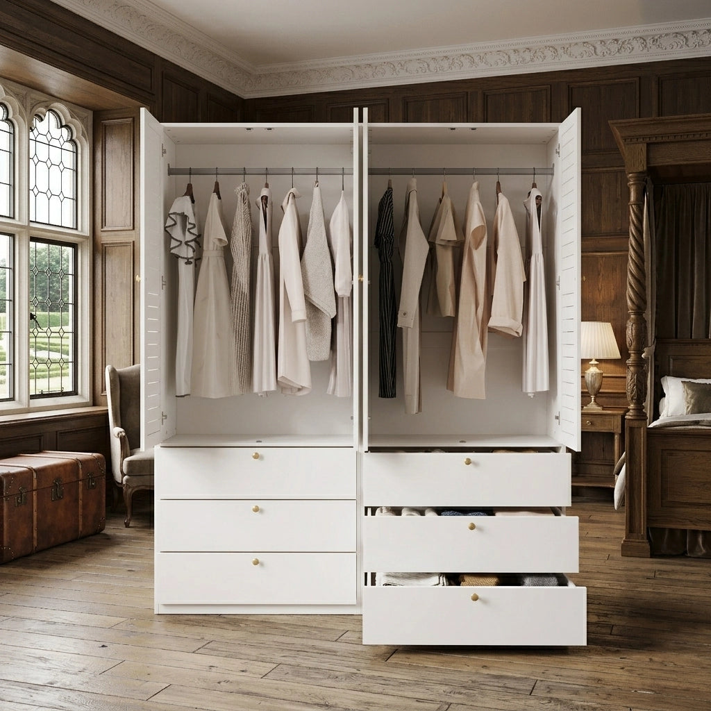 Armadio a 4 Ante con Persiane Bianche 180x50x200 cm con 2 Bastoni Appendiabiti e 6 Cassetti