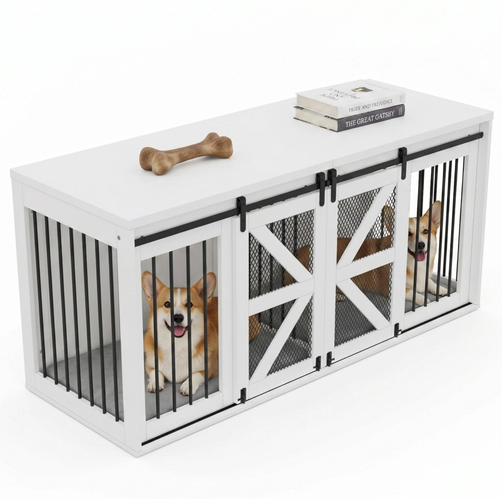 Mobile per Cani a Due Posti in Legno e Metallo 160 x 60 x 75 cm con Divisorio Fisso e Porte Scorrevoli Bianco